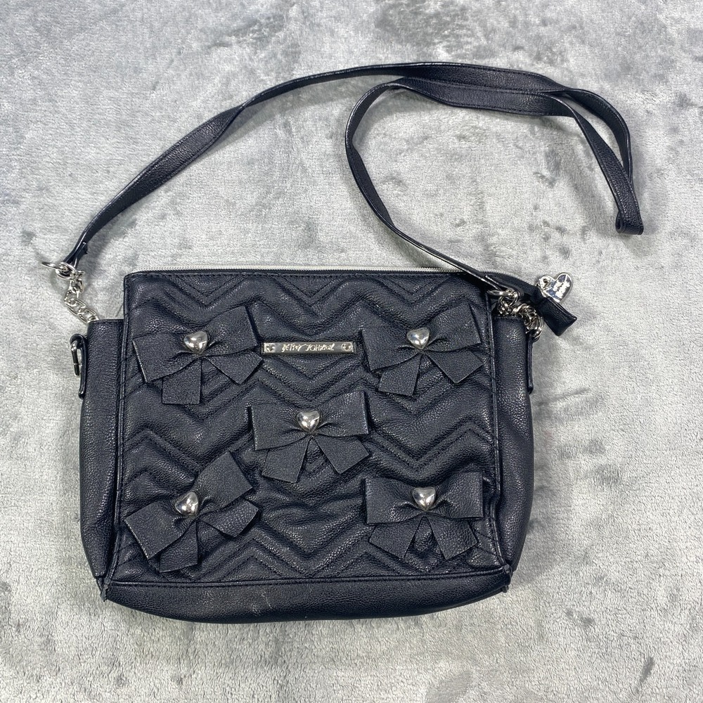 Betsey Johnson Purse Womens Black Faux Leather Bow Shoulder Bag Wavy Quilted